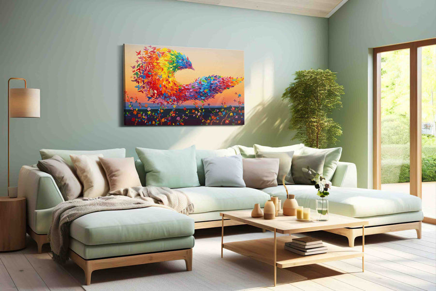 A Symphony of Feathers birds canvas print, hanging on wall