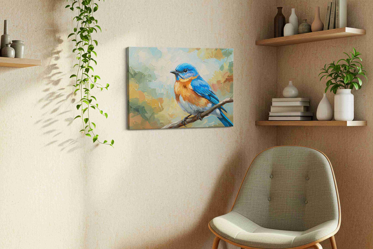 Azure Melody on Canvas birds canvas print, displayed in a living room
