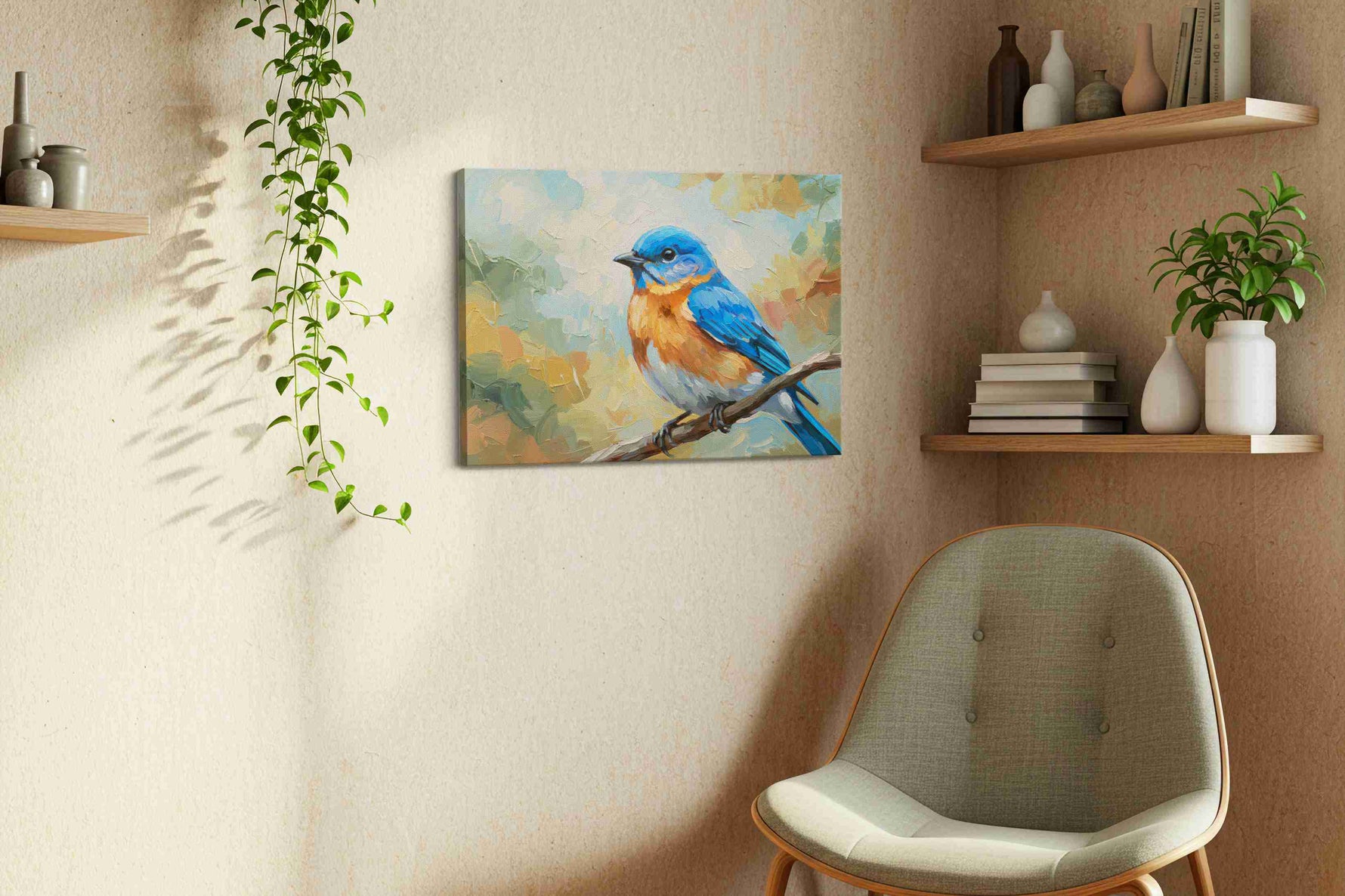 Azure Melody on Canvas birds canvas print, displayed in a living room
