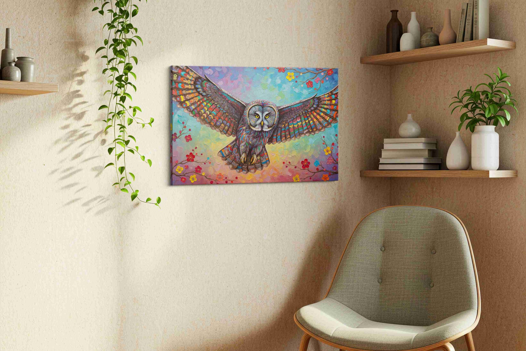 Celestial Flight Symphony birds canvas print, displayed in a living room