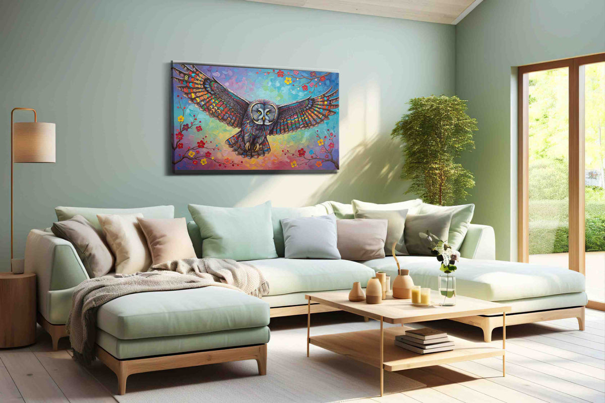 Celestial Flight Symphony birds canvas print, hanging on wall