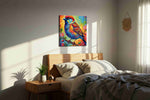 Chromatic Melody birds canvas print, displayed in a bedroom