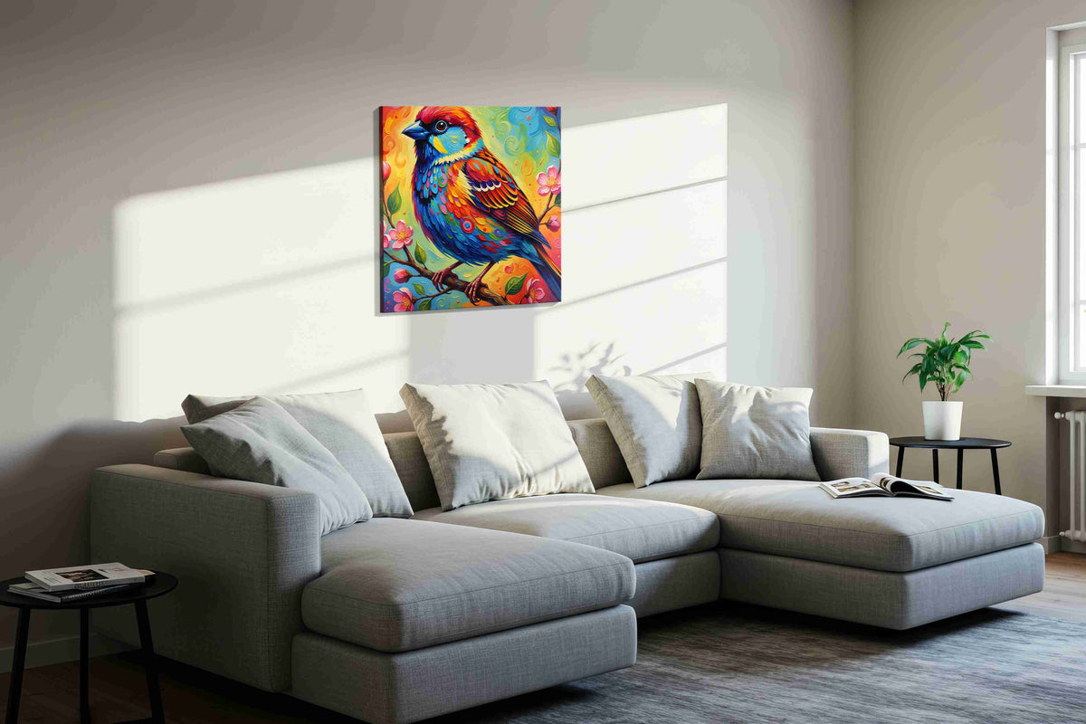 Chromatic Melody birds canvas print in a living room scene