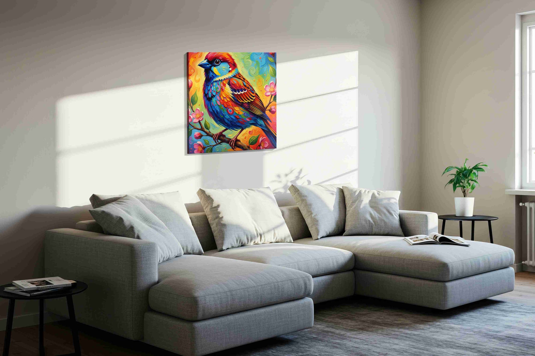 Chromatic Melody birds canvas print in a living room scene
