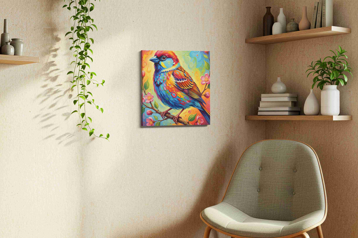 Chromatic Melody birds canvas print, displayed in a living room