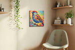 Chromatic Melody birds canvas print, displayed in a living room