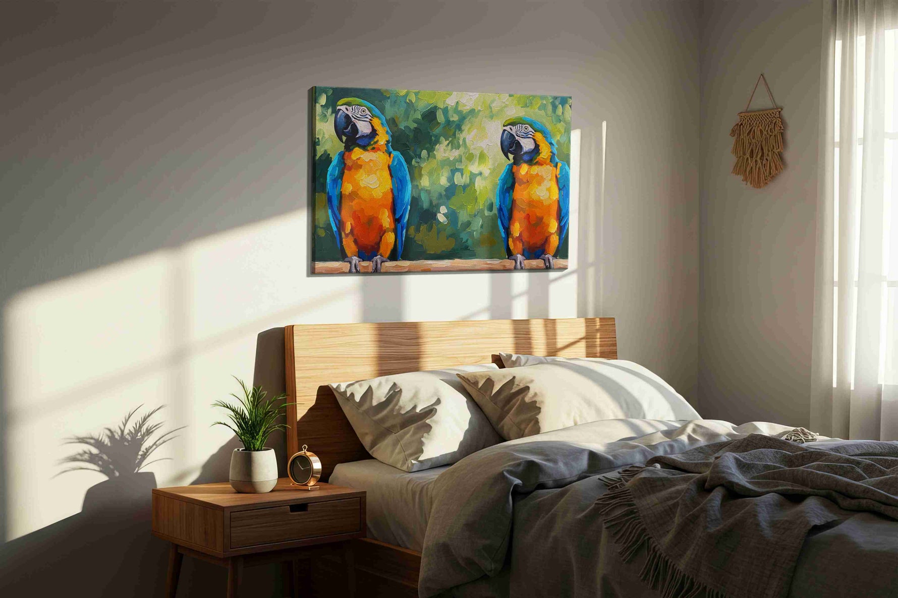 Echoes of Tropics birds canvas print, displayed in a bedroom