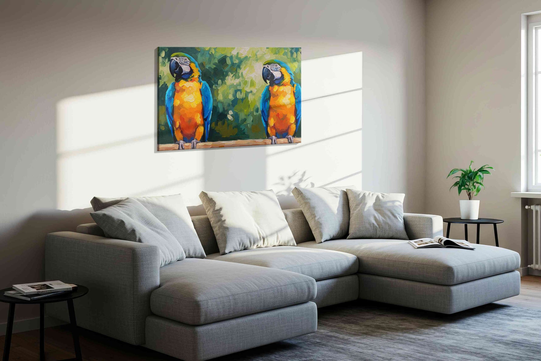 Echoes of Tropics birds canvas print, displayed in a living room