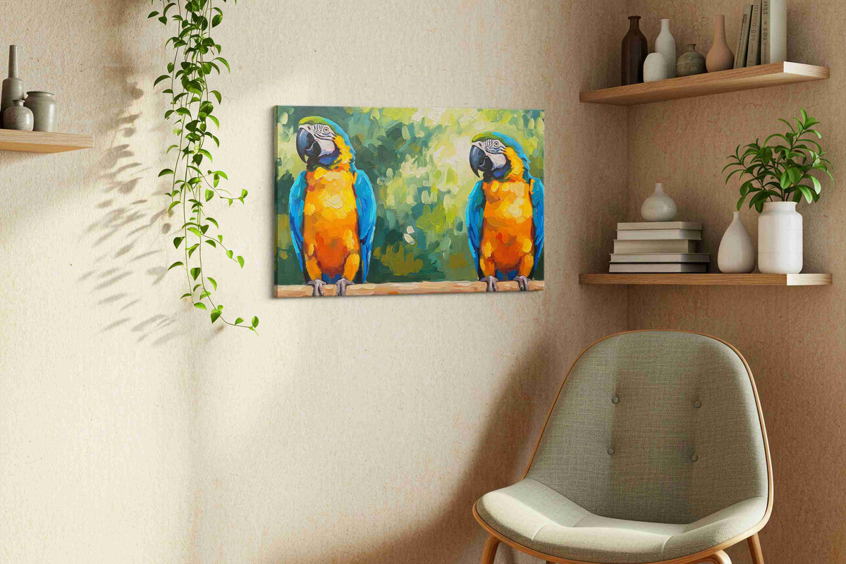 Echoes of Tropics birds canvas print in a living room scene