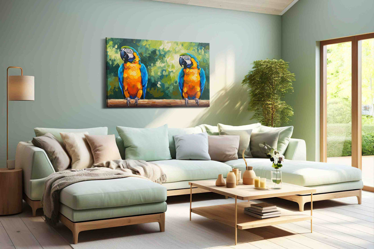 Echoes of Tropics birds canvas print, hanging on wall