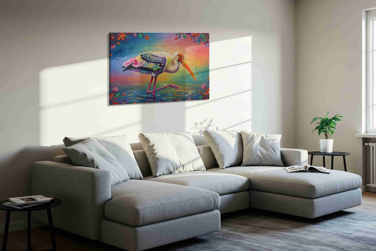 Elegance in Bloom birds canvas print, displayed in a living room