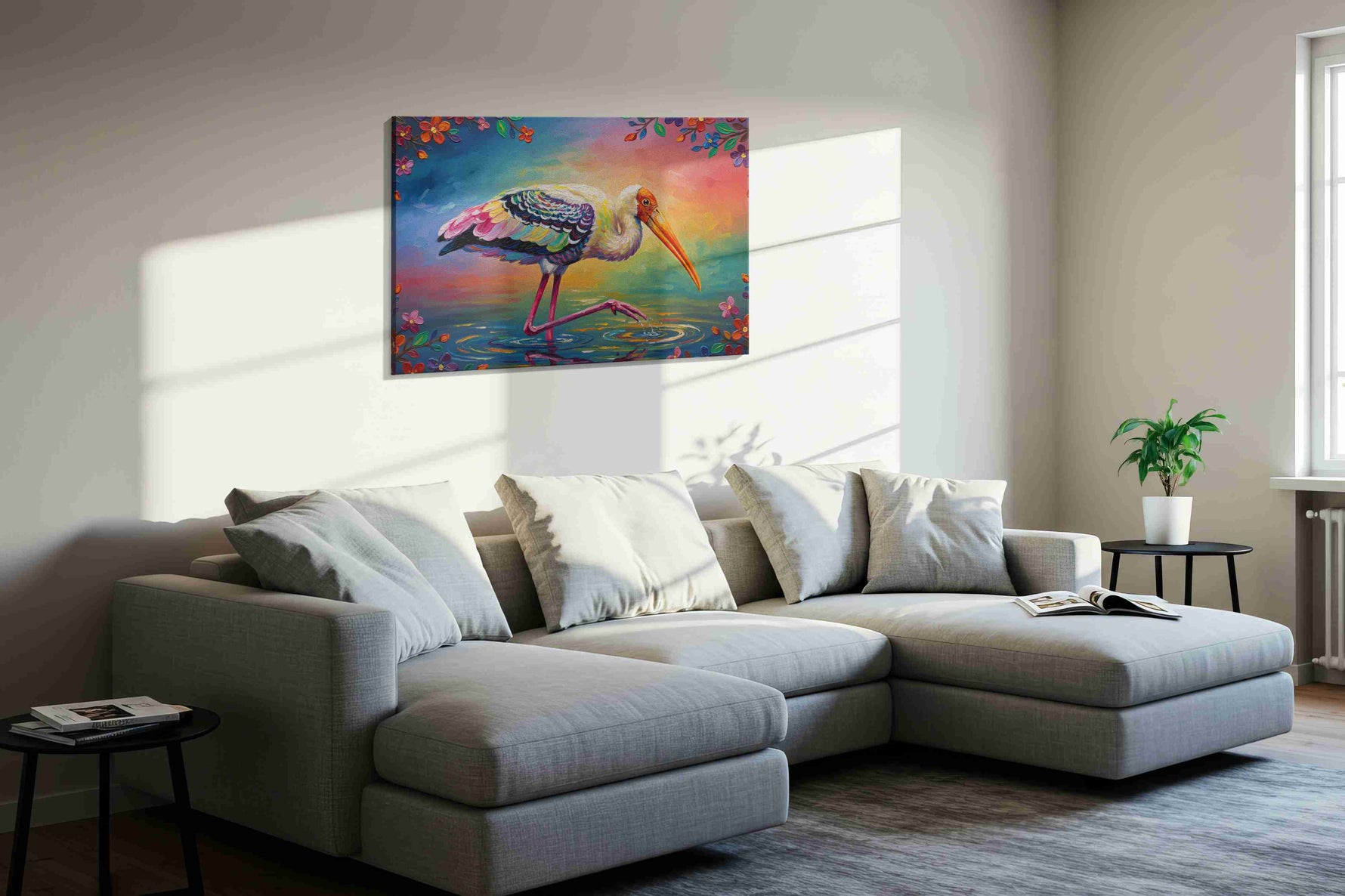 Elegance in Bloom birds canvas print, displayed in a living room