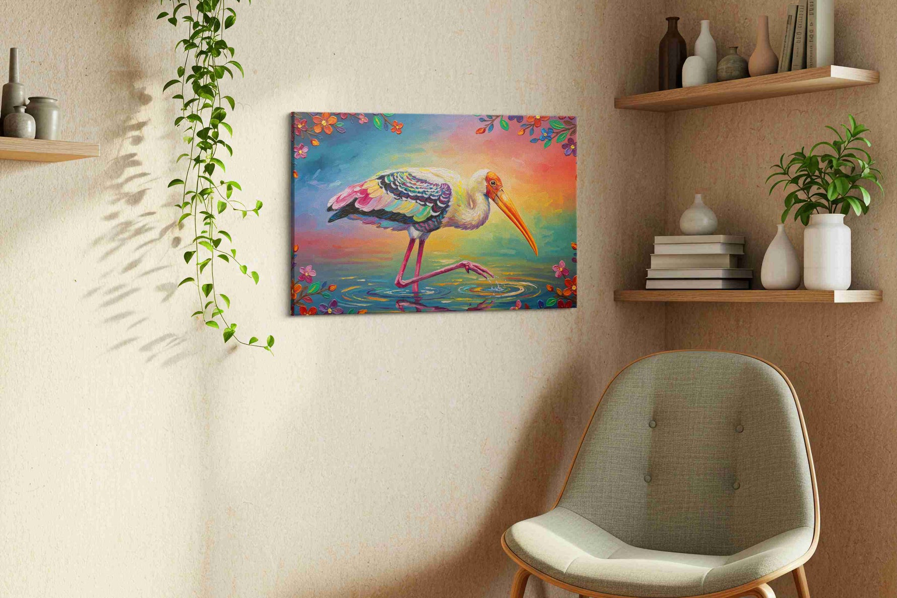 Elegance in Bloom birds canvas print in a living room scene