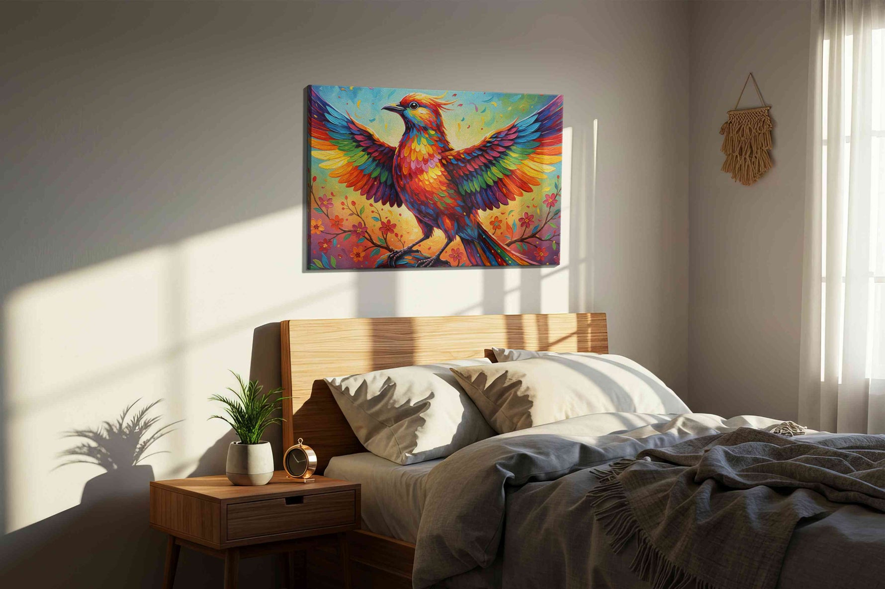 Elysian Flight birds canvas print, displayed in a bedroom