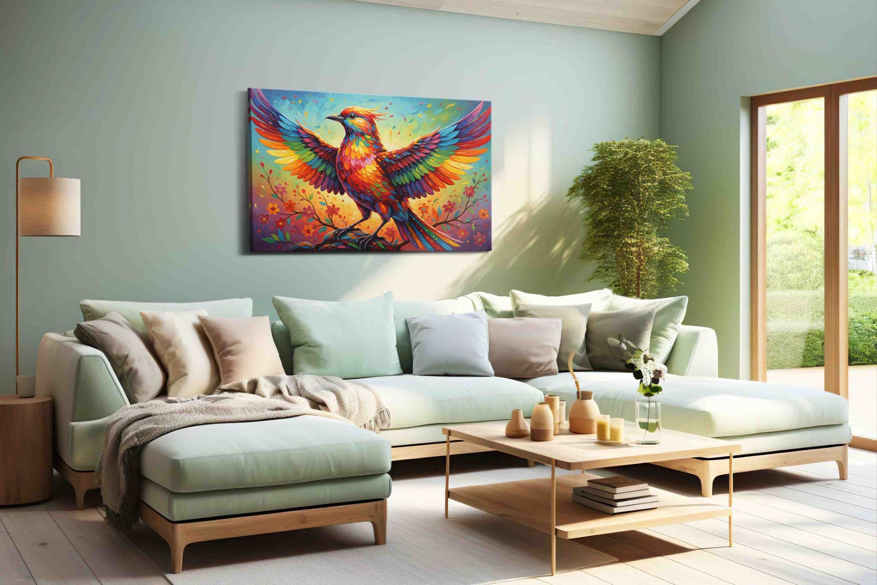 Elysian Flight birds canvas print, hanging on wall