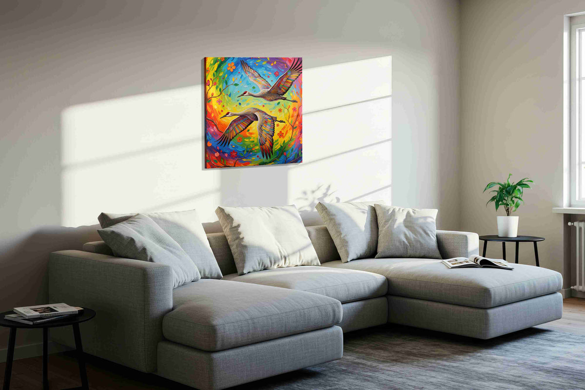 Eternal Harmony in Flight birds canvas print, displayed in a living room