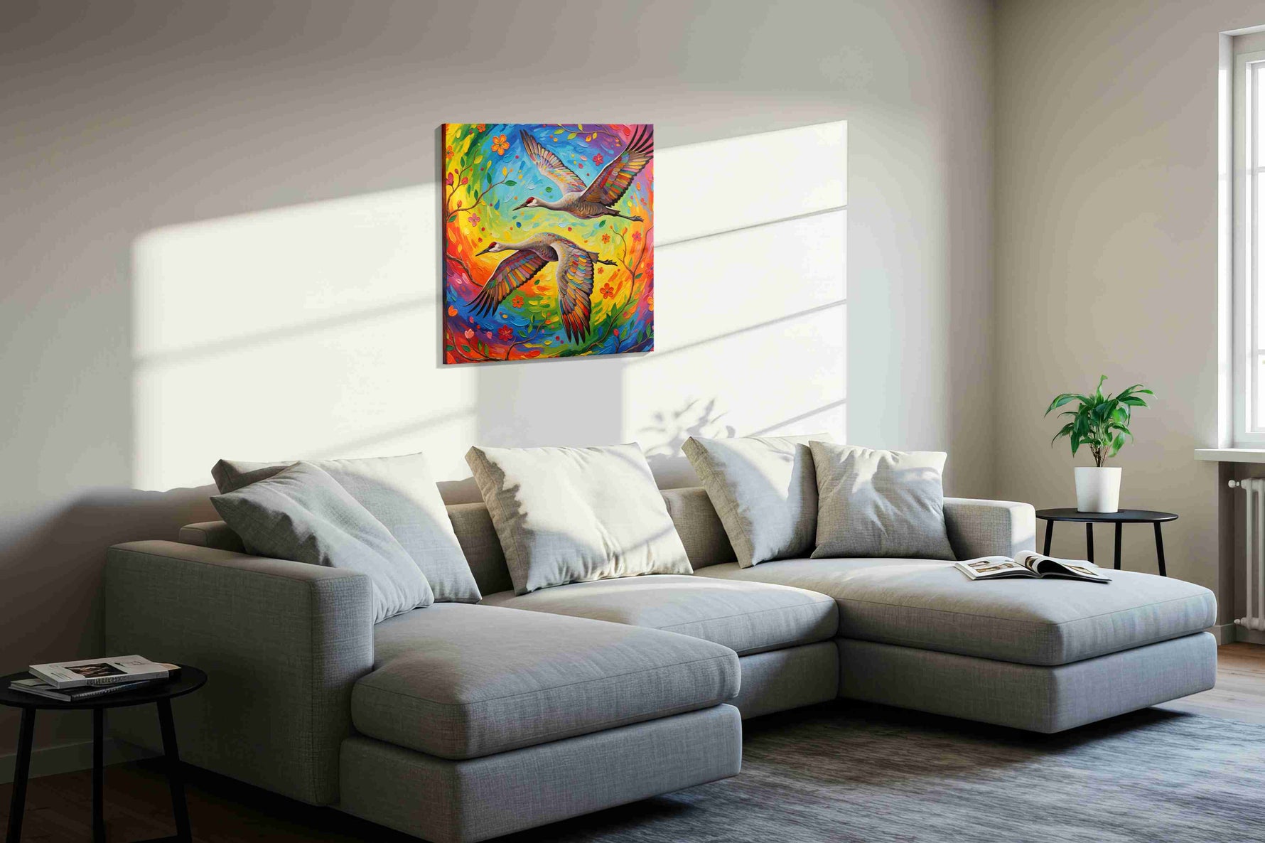 Eternal Harmony in Flight birds canvas print, displayed in a living room