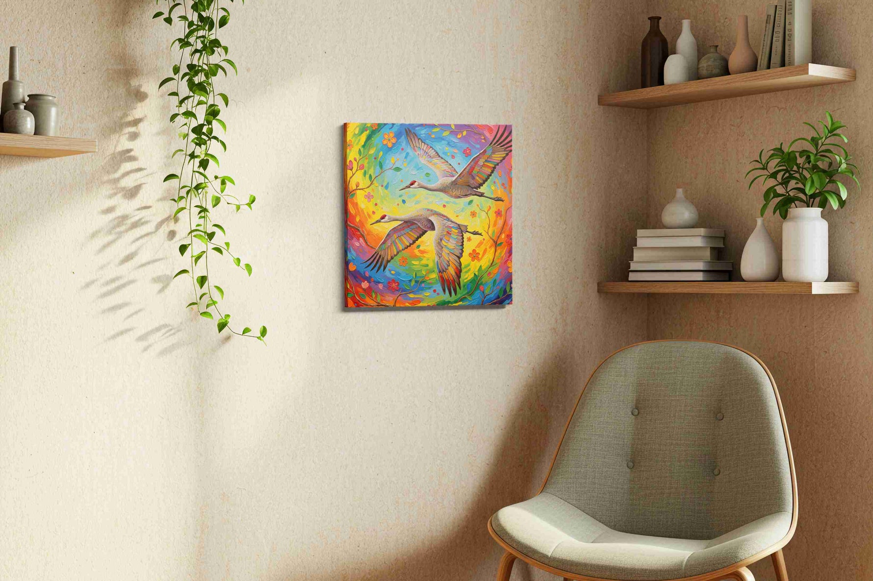 Eternal Harmony in Flight birds canvas print styled in a living room
