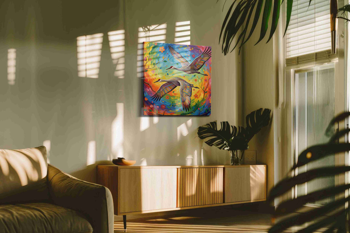 Eternal Harmony in Flight birds canvas print in a hung canvas mockup