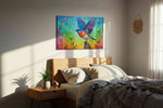 Euphoric Flight of Spring birds canvas print, displayed in a bedroom