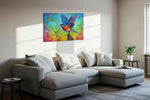 Euphoric Flight of Spring birds canvas print, displayed in a living room