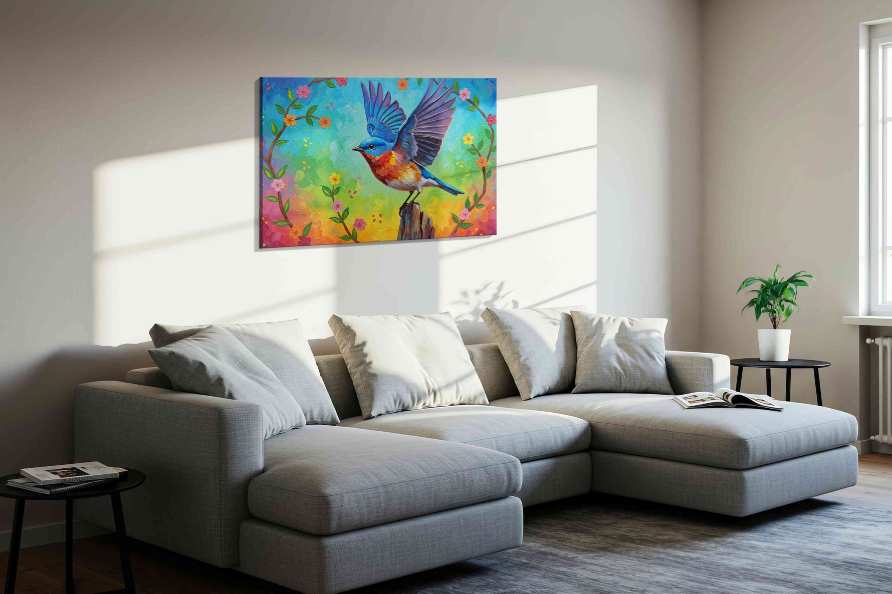 Euphoric Flight of Spring birds canvas print, displayed in a living room