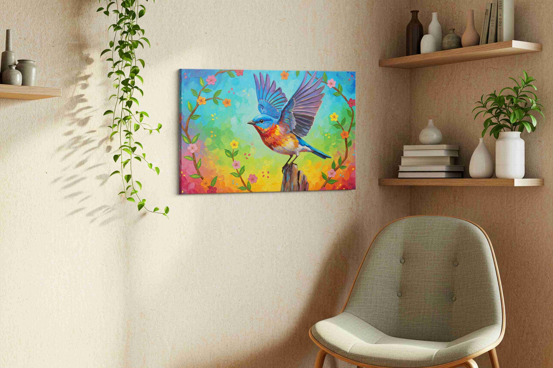 Euphoric Flight of Spring birds canvas print styled in a living room