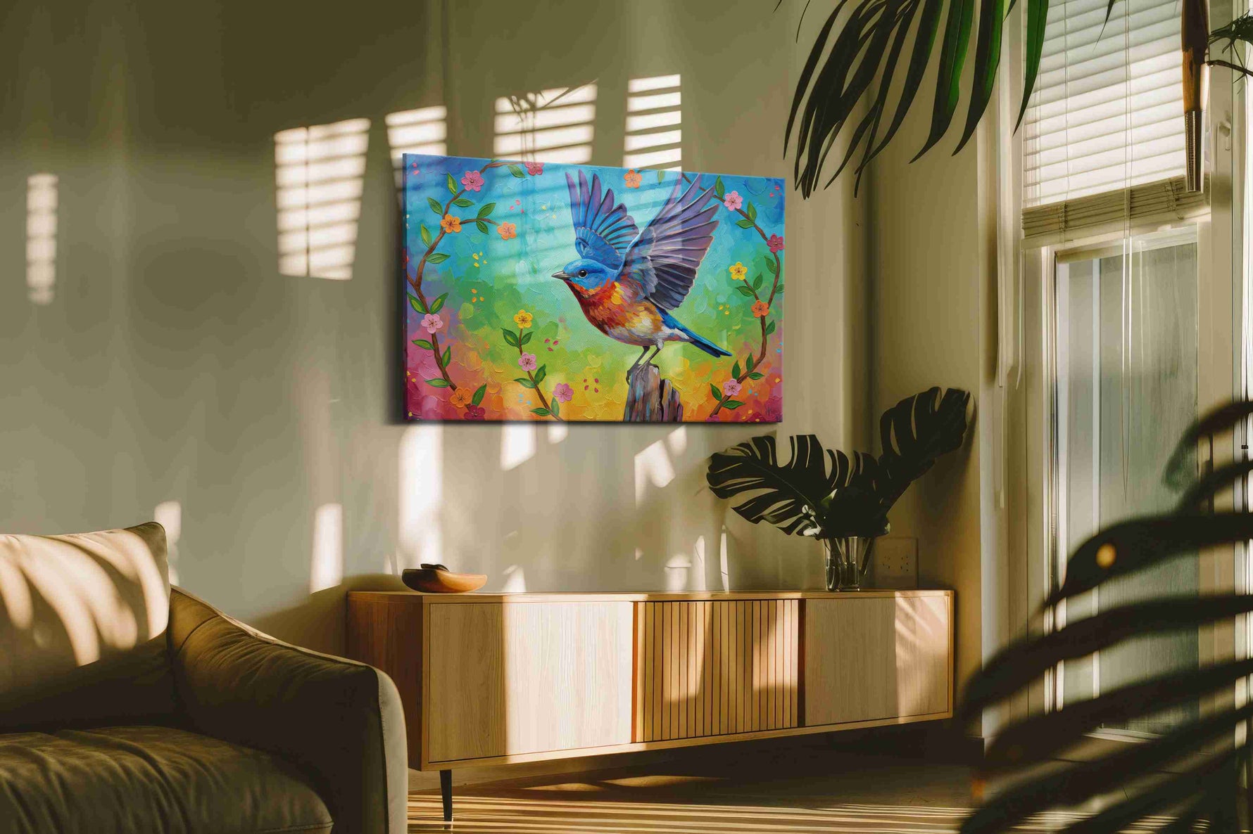 Euphoric Flight of Spring birds canvas print, on wall, lifestyle preview