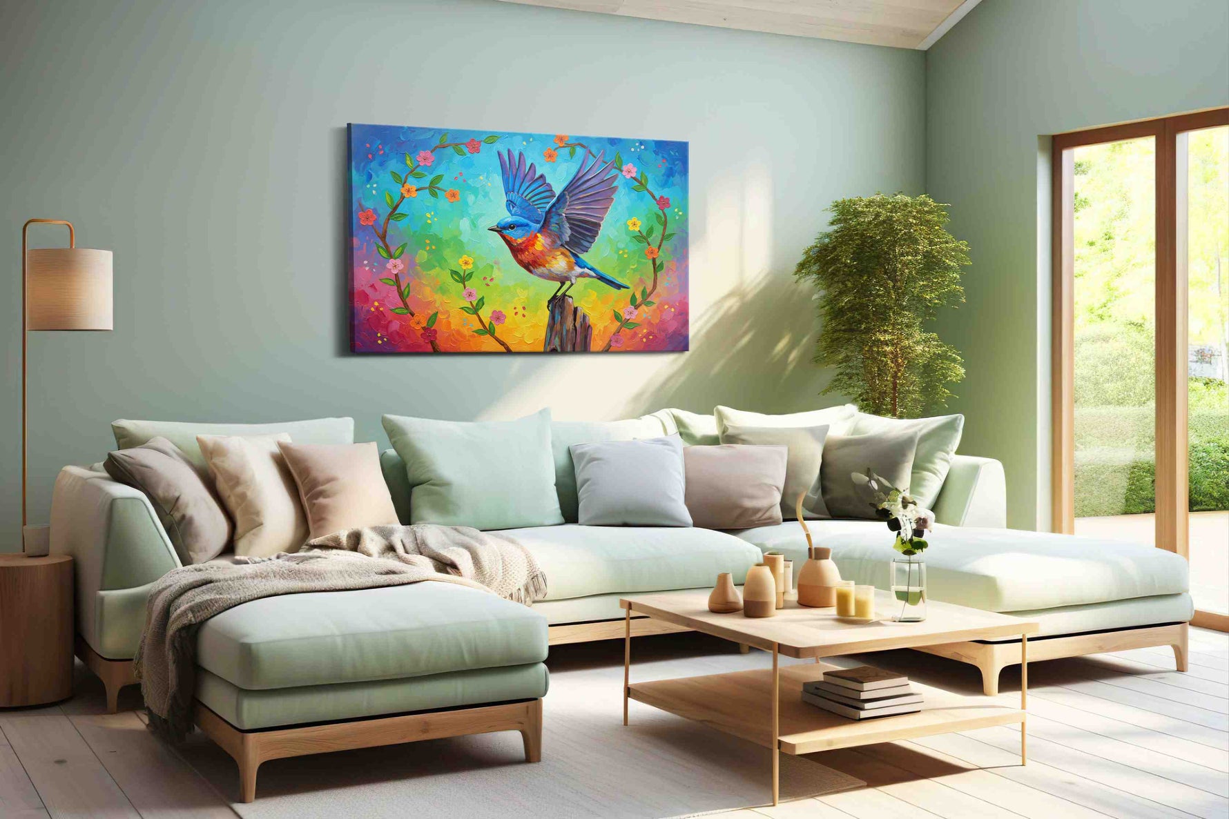 Euphoric Flight of Spring birds canvas print, hanging on wall
