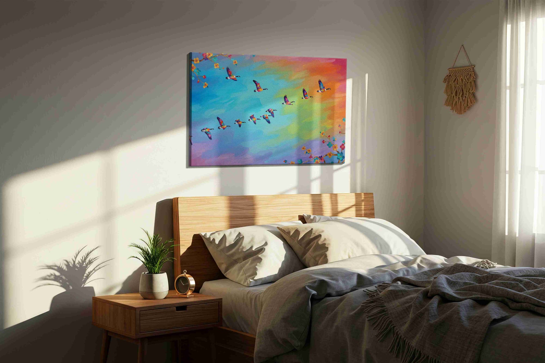 Flight of Vibrant Harmony birds canvas print, displayed in a bedroom