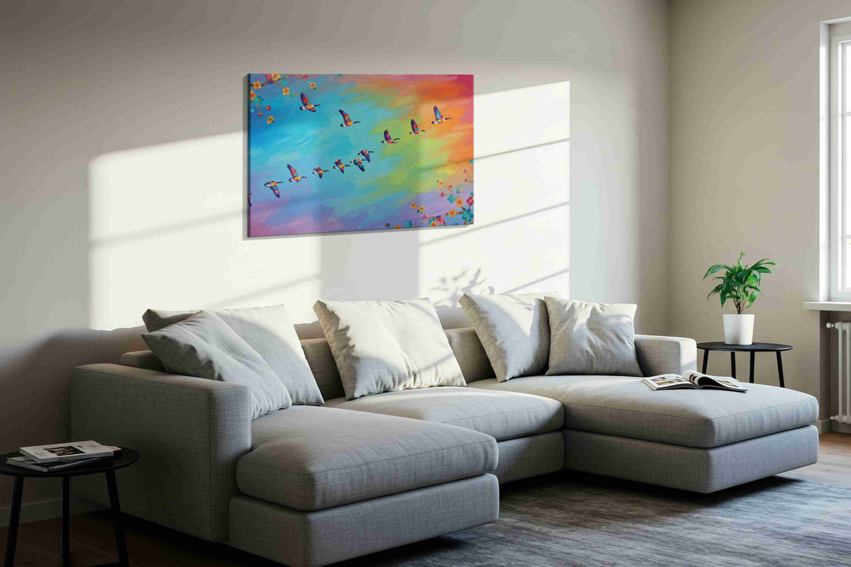 Flight of Vibrant Harmony birds canvas print in a living room scene