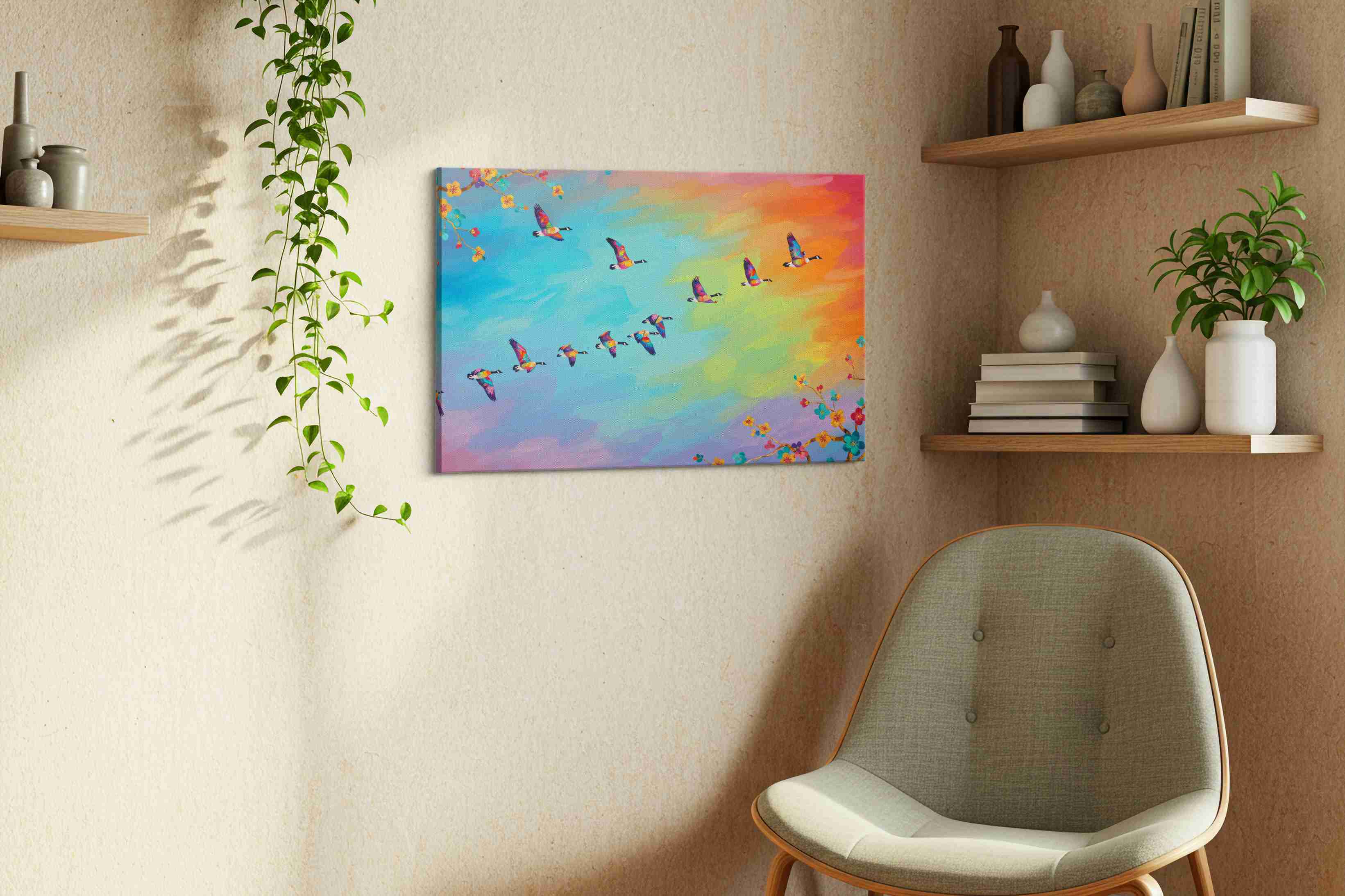 Flight of Vibrant Harmony birds canvas print, displayed in a living room