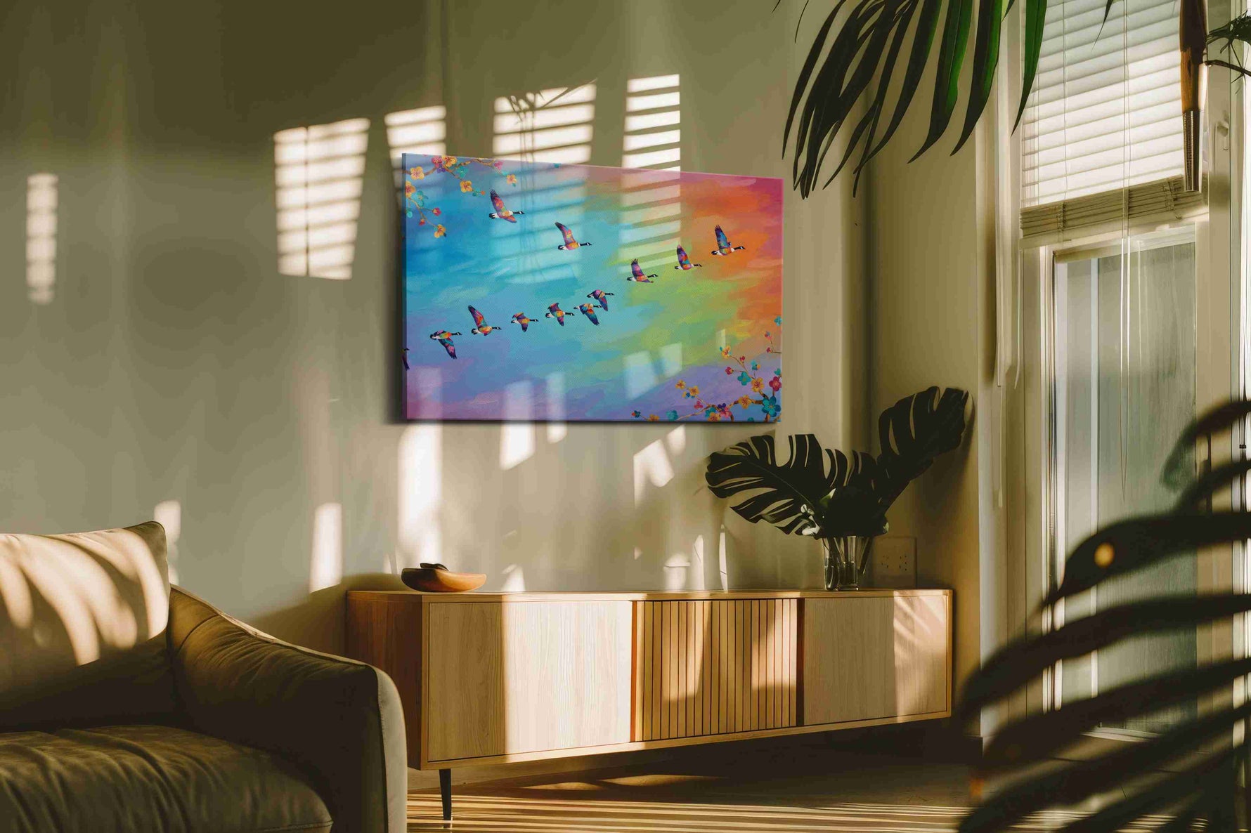 Flight of Vibrant Harmony birds canvas print, on wall, lifestyle preview