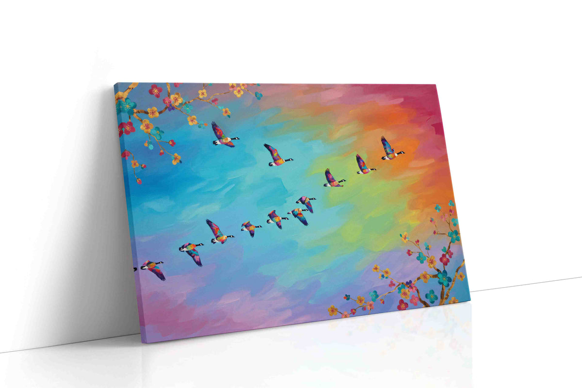 Flight of Vibrant Harmony birds canvas print, gallery-wrapped, ready to hang