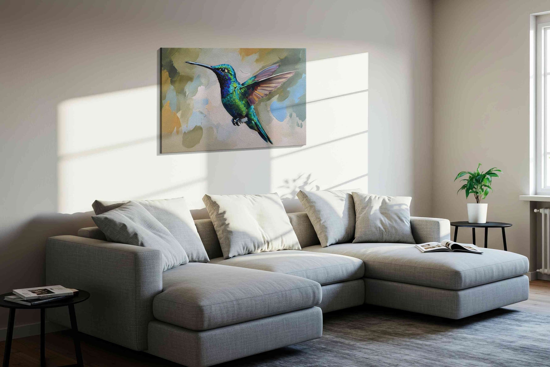 Flight of the Jewel birds canvas print in a living room scene