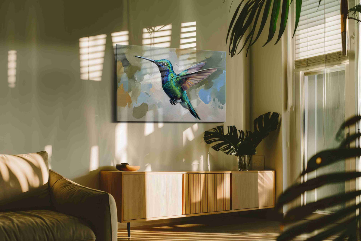 Flight of the Jewel birds canvas print, on wall, lifestyle preview