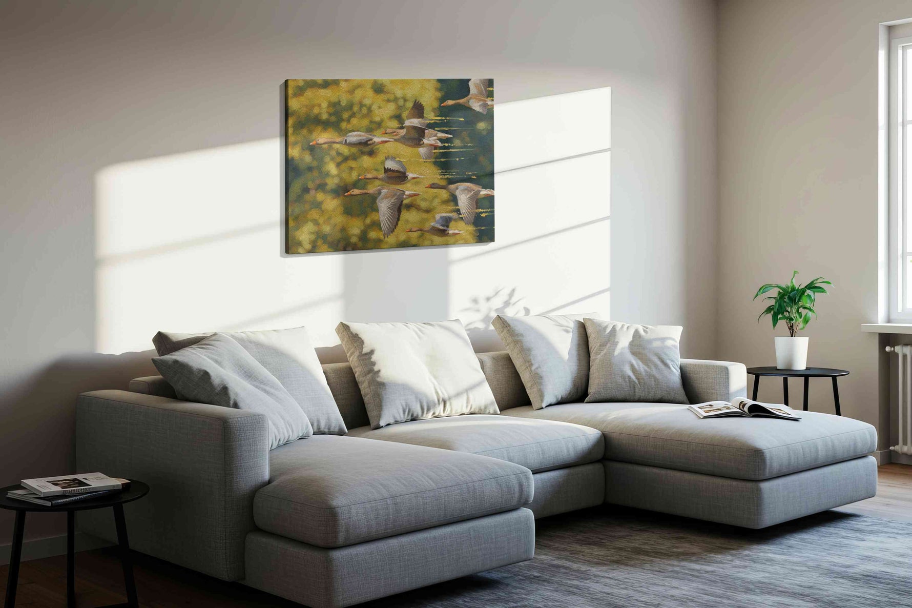 Flight of the Wild Geese birds canvas print in a living room scene