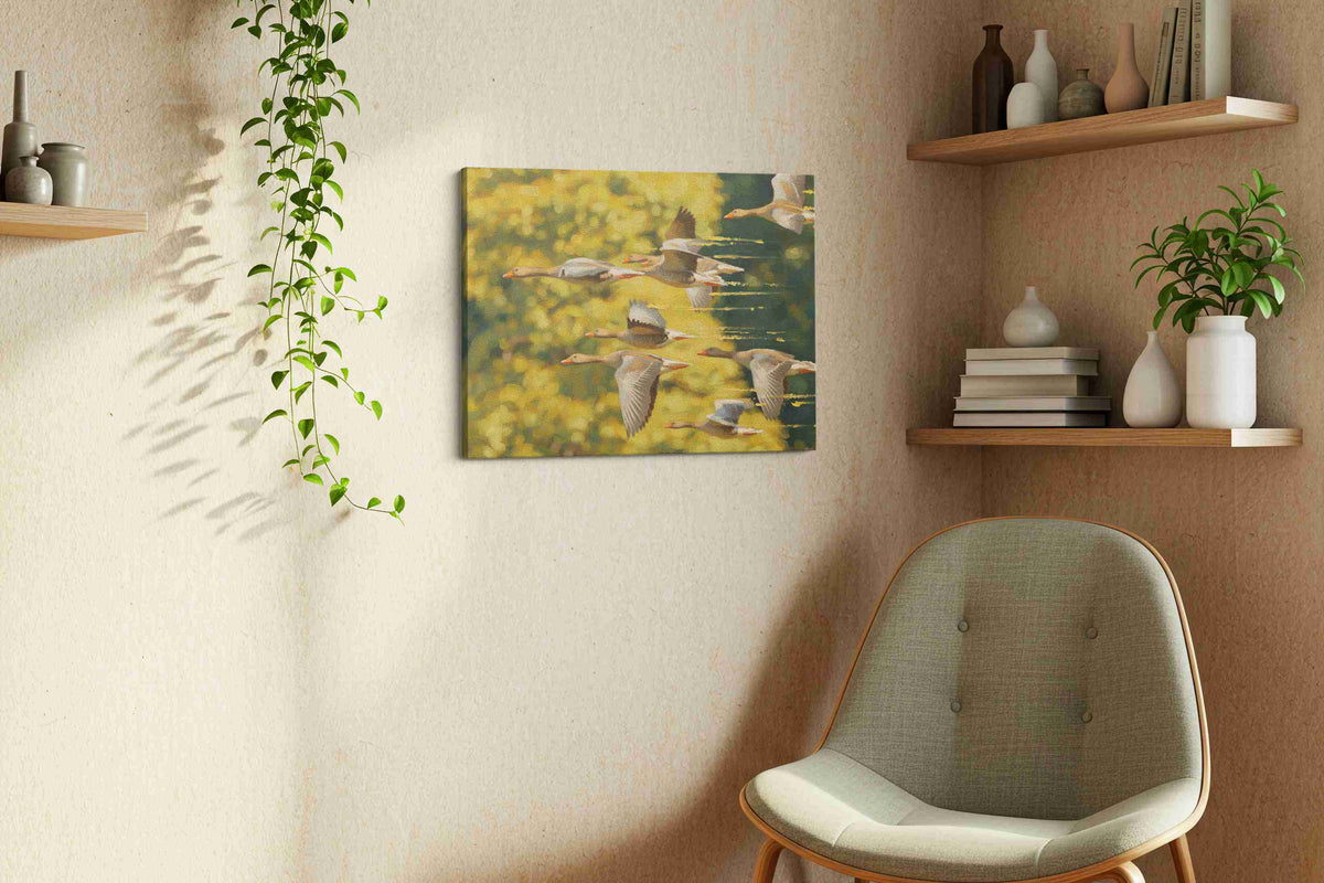 Flight of the Wild Geese birds canvas print, displayed in a living room