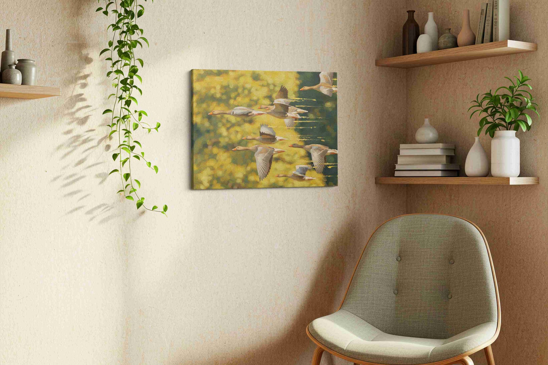 Flight of the Wild Geese birds canvas print, displayed in a living room