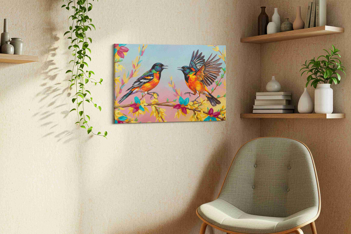 Harmony of the Painted Wings birds canvas print, hanging on wall