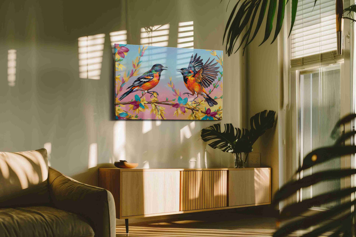 Harmony of the Painted Wings birds canvas print, hanging on wall — in a hung canvas mockup