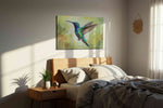 Iridescent Flight Symphony birds canvas print, displayed in a bedroom