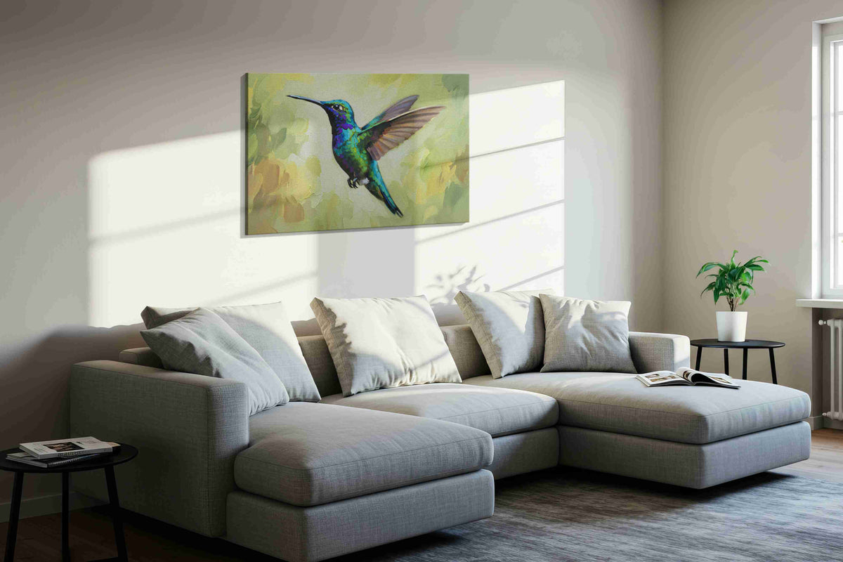 Iridescent Flight Symphony birds canvas print, displayed in a living room