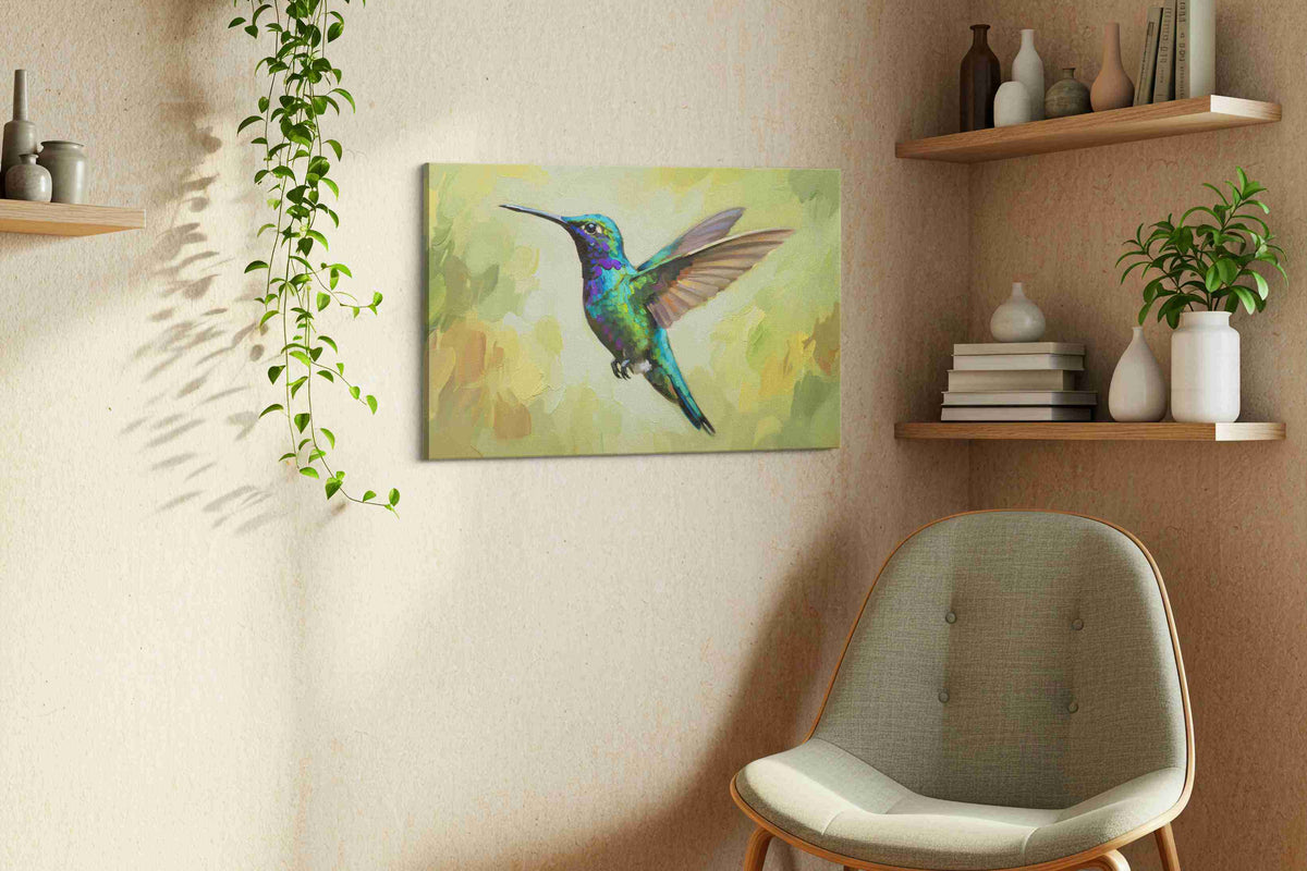 Iridescent Flight Symphony birds canvas print styled in a living room