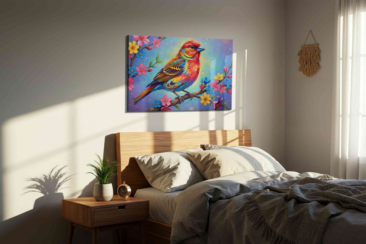 Luminous Melody of Spring birds canvas print, displayed in a bedroom
