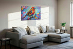 Luminous Melody of Spring birds canvas print, displayed in a living room