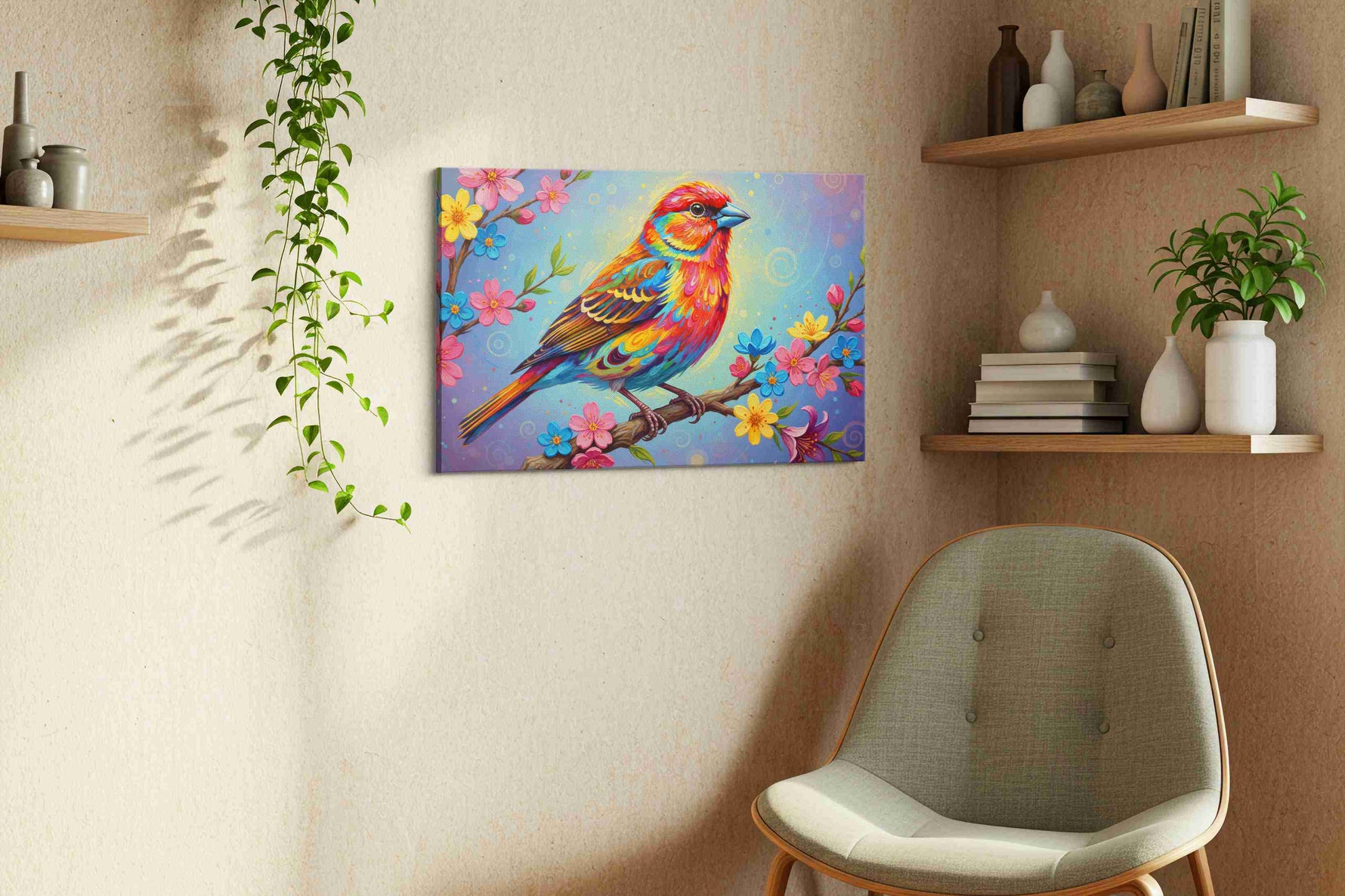 Luminous Melody of Spring birds canvas print styled in a living room