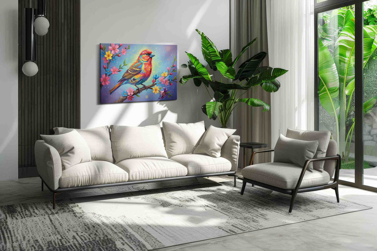 Luminous Melody of Spring birds canvas print, on wall, lifestyle preview