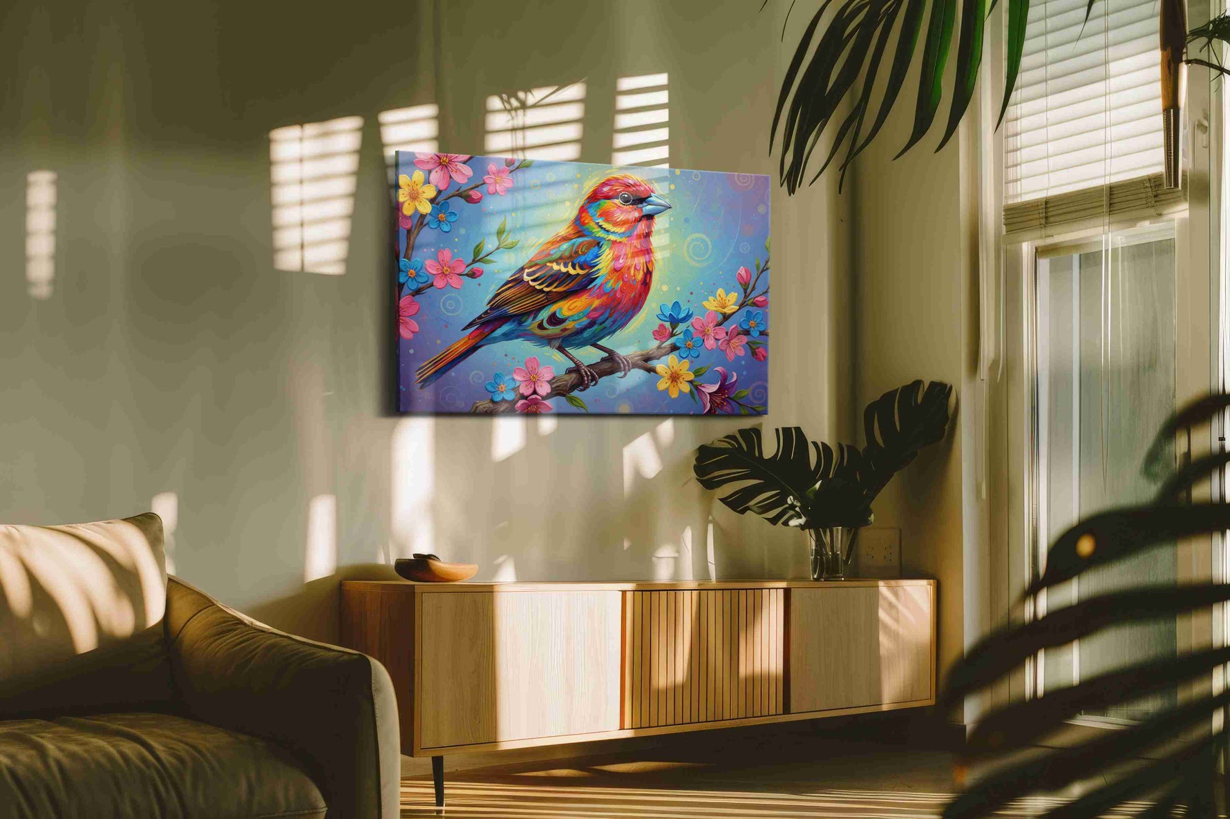 Luminous Melody of Spring birds canvas print in a hung canvas mockup