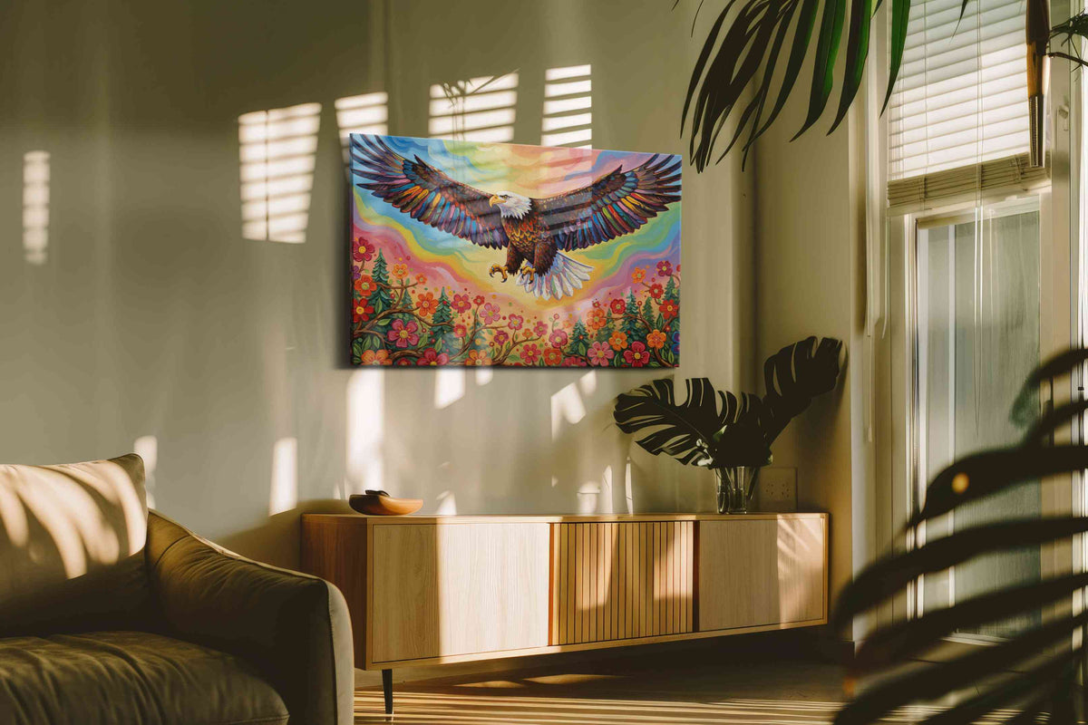 Majestic Flight Over Blooming Fields birds canvas print, displayed in a living room